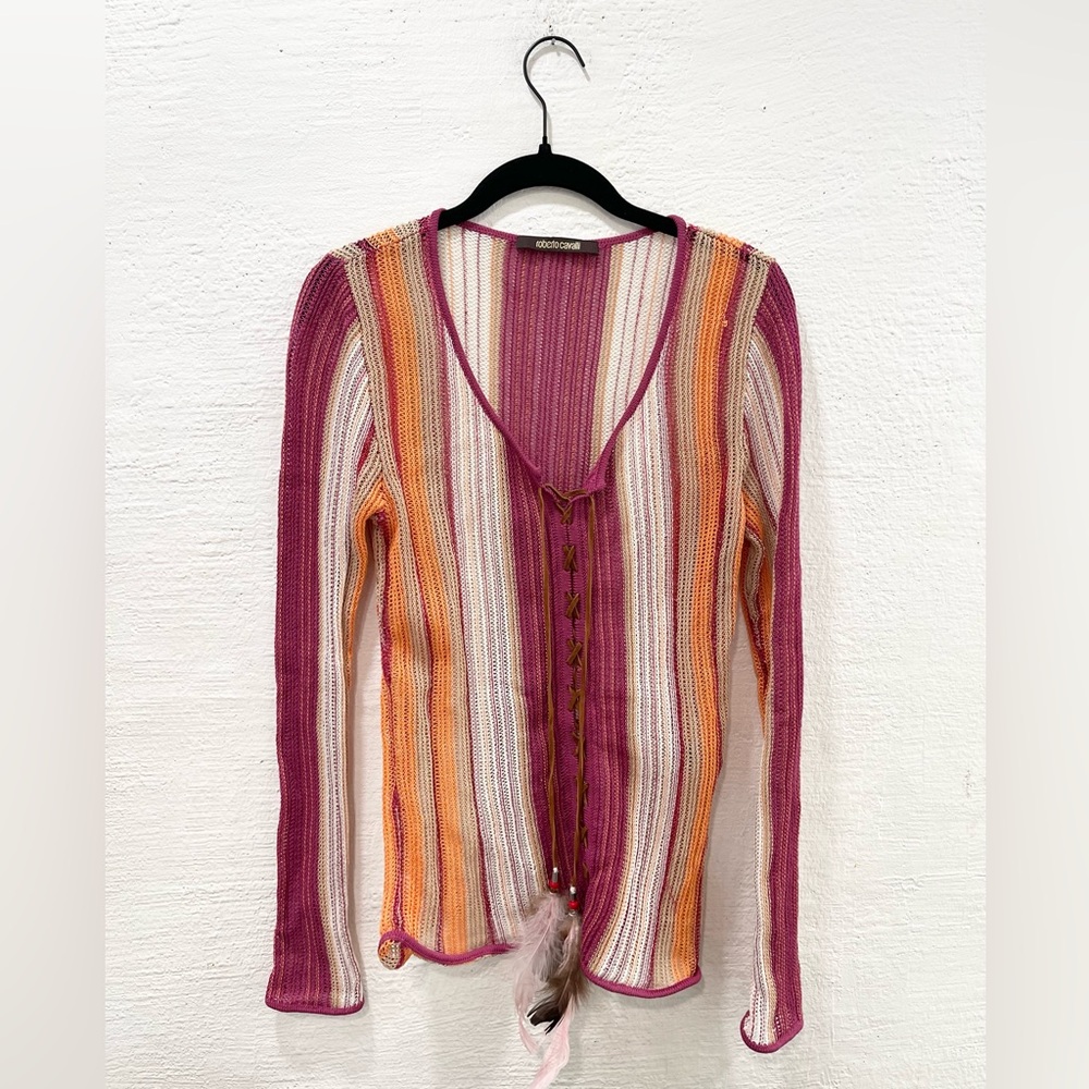 Roberto Cavalli Y2K Crochet Knit Lace-Up Top Feather Tassel Boho